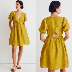 NWT Madewell Annamarie Puff Short Sleeve Back Button Cut Out Mini Dress Lime 2